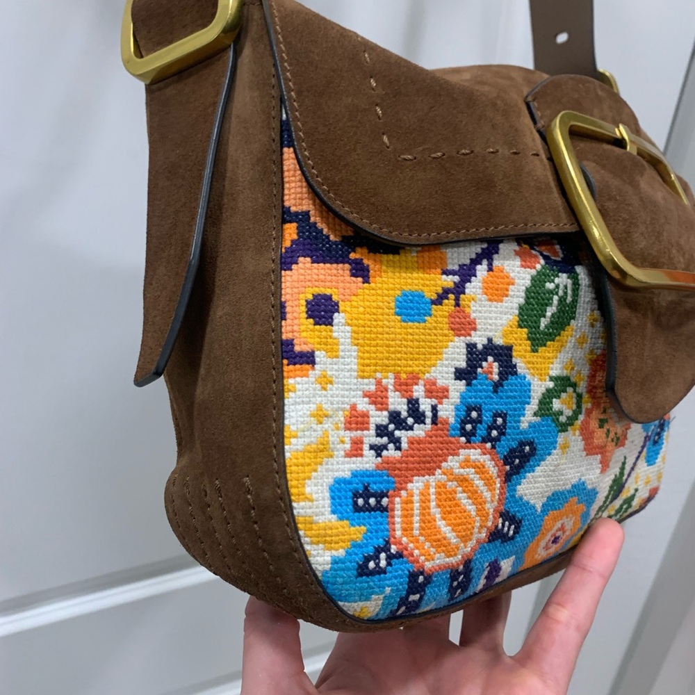 Tory Burch Sawyer Needlepoint Suede Shoulder Bag Brown Multicolored Florals - Picture 3 of 15